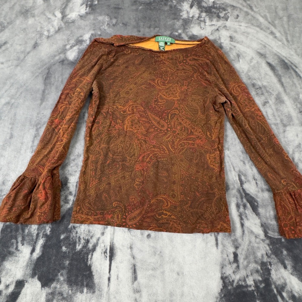 Lauren Ralph Lauren Paisley Top‎ Womens XS Brown Bell Sleeve Boat Neck